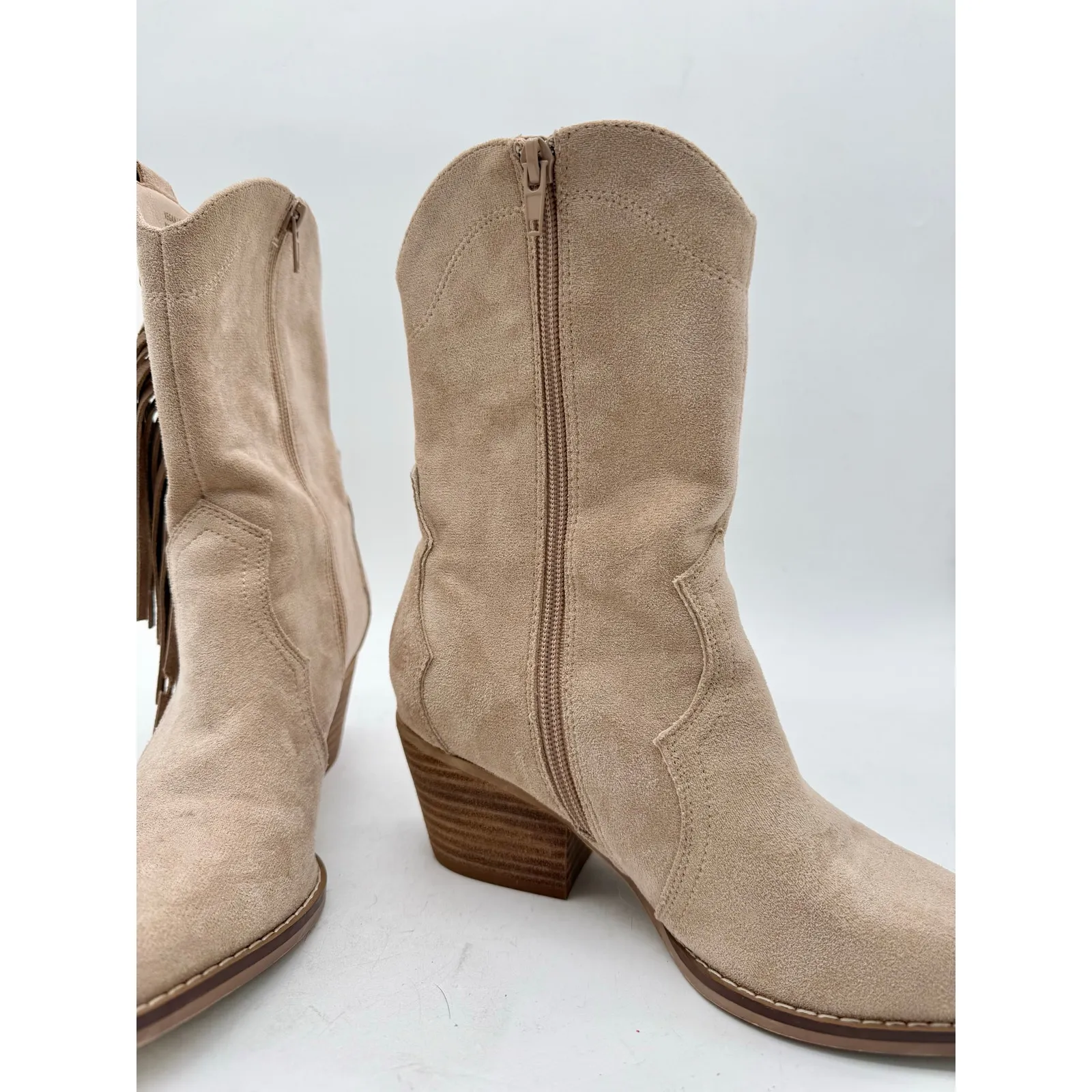 Altar'd State Beige Taupe Vegan Leather Western Point Toe Fringe Boots Women's 6 - Image 4