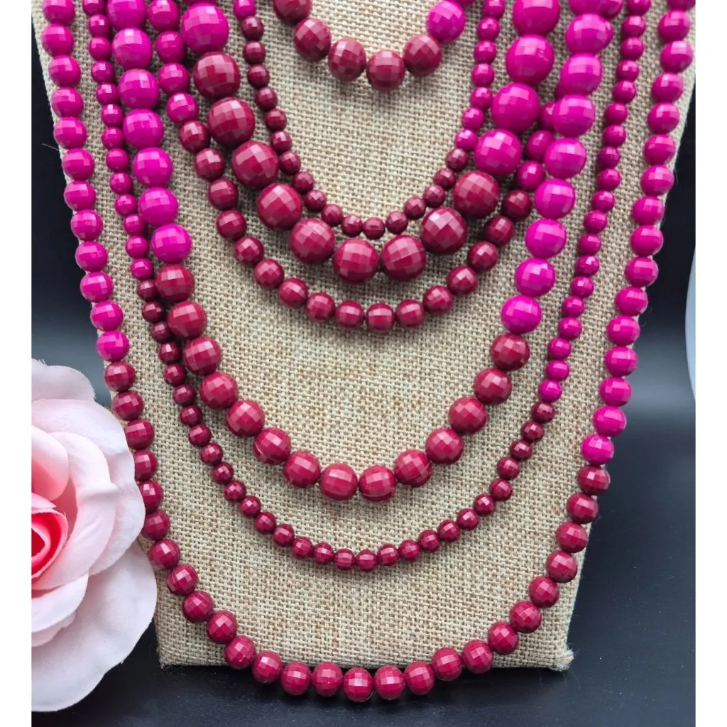 Ombre Shades Pink to Purple Multi Strand Faceted Beaded Statement Necklace 20" - Image 4