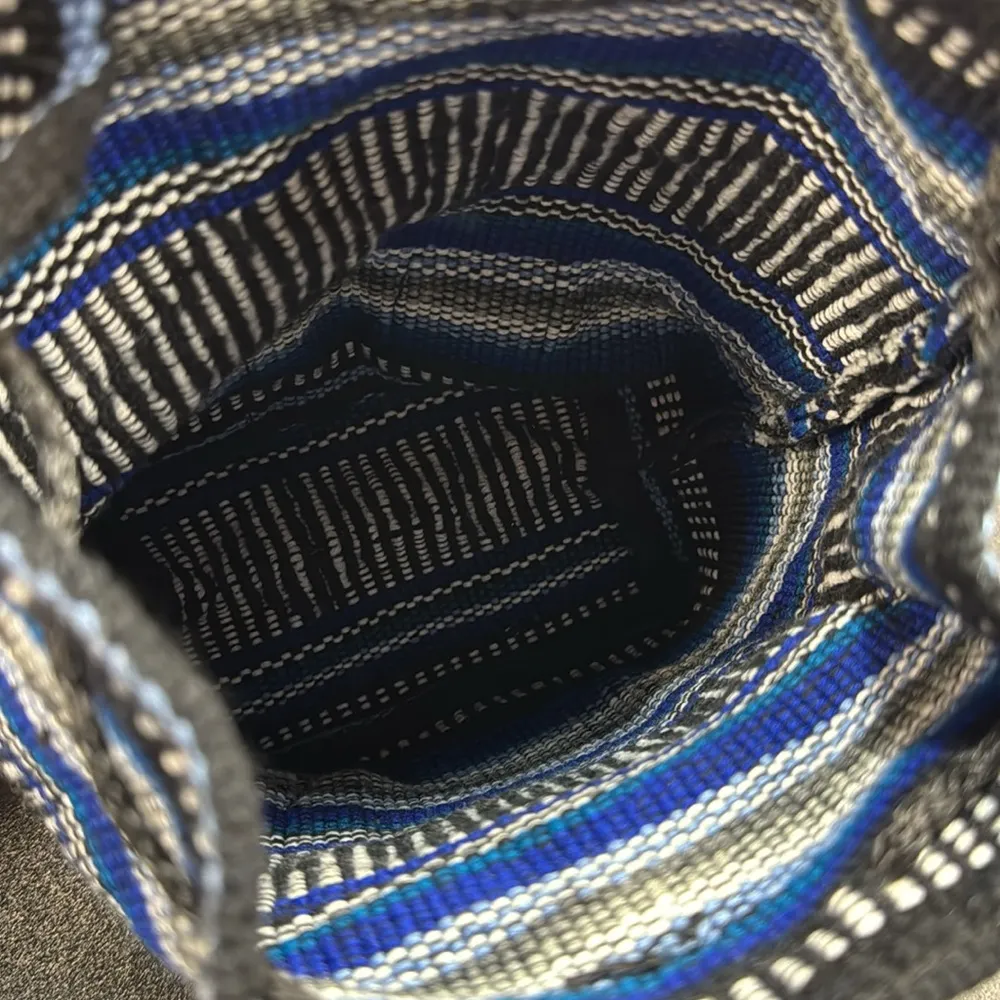 Pinzon Blue Black Woven Boho Artesonias Mexico Aztec Drawstring Mini Backpack - Image 6