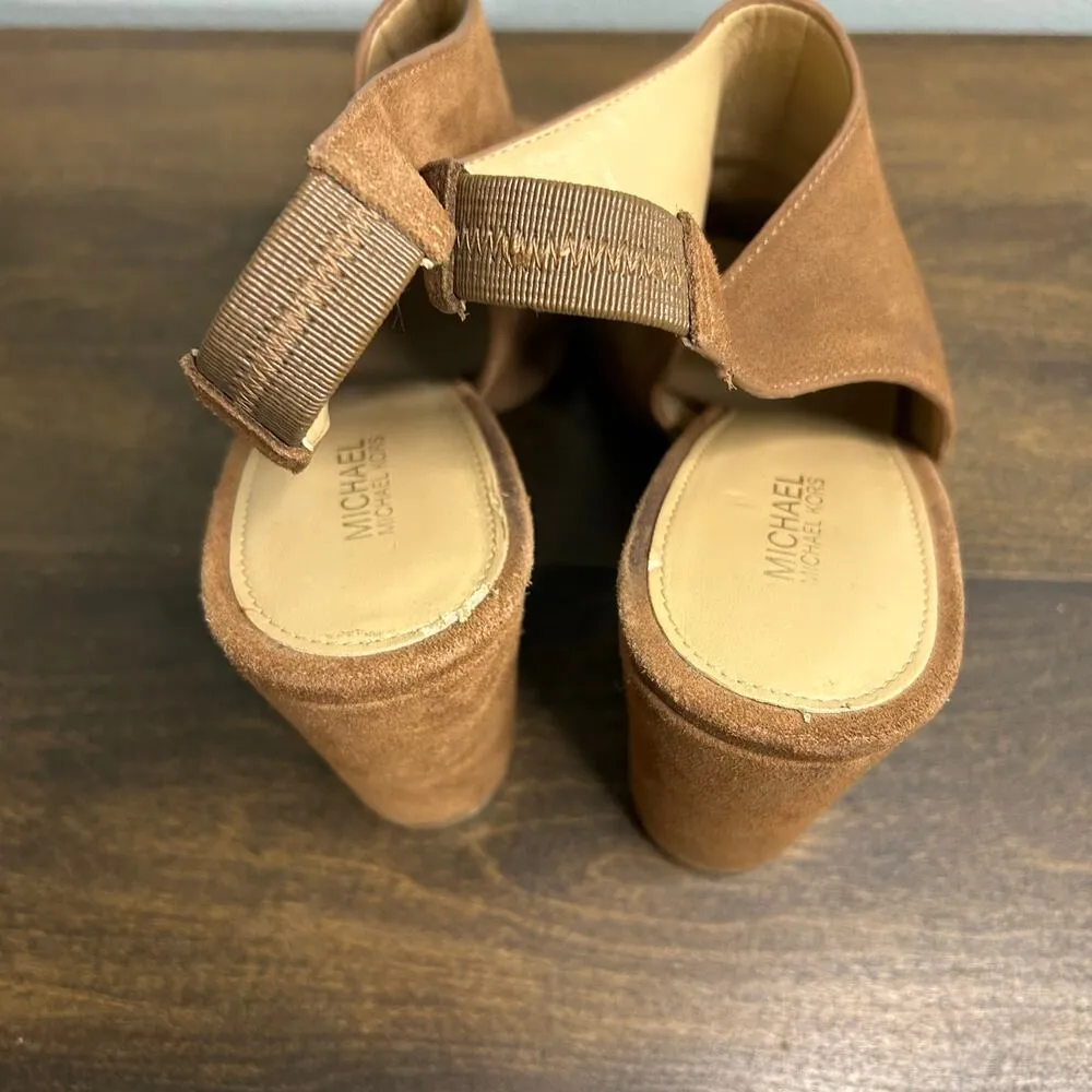 Michael Kors Chunky Peeptoe Heels Cassie Slingback Camel Brown Suede Leather 8.5 - Image 8