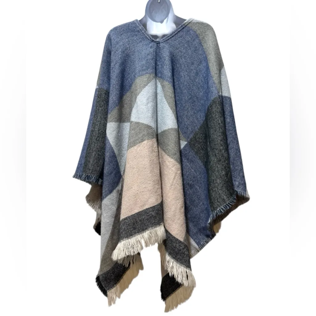 LOFT Factory Color Block Fringe Poncho Shawl Wrap One Size Cozy Fall Layering - Image 4