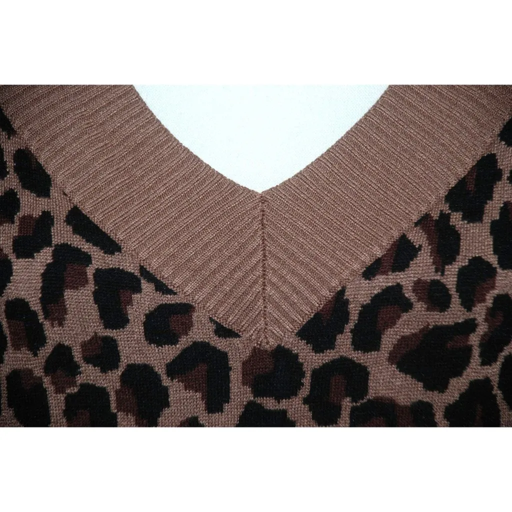 Cato Brown Leopard Animal Print Sweater Dress Size L Sexy Bodycon V-neck Stretch - Image 3