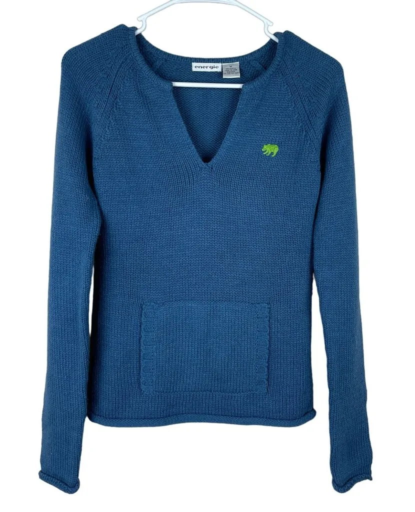 Vintage Y2K Energie Acrylic Stretch Knitted Sweater Womens Size M Blue Pocket - Image 1