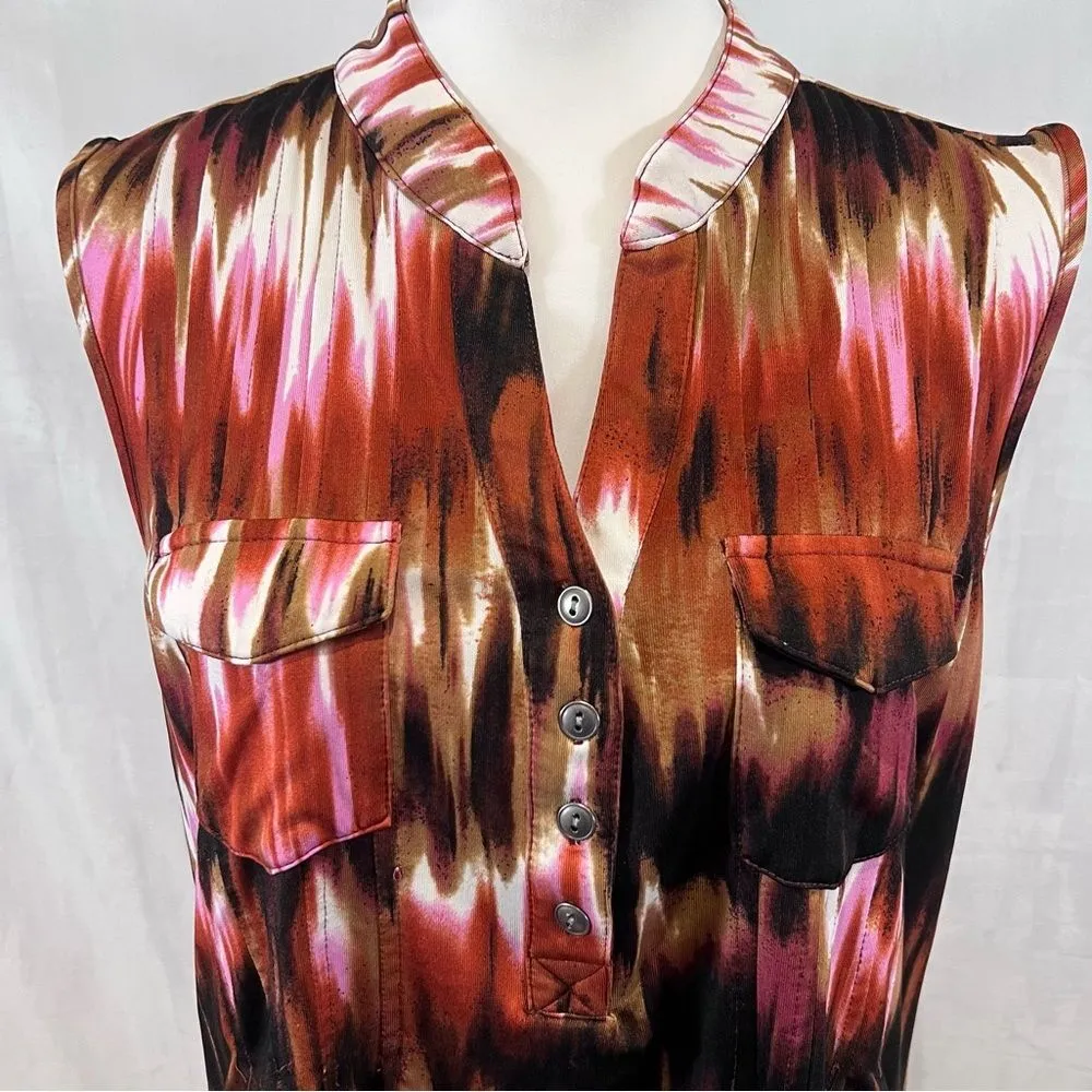 Mocha and pink abstract print Henley top size large Brown - Image 2