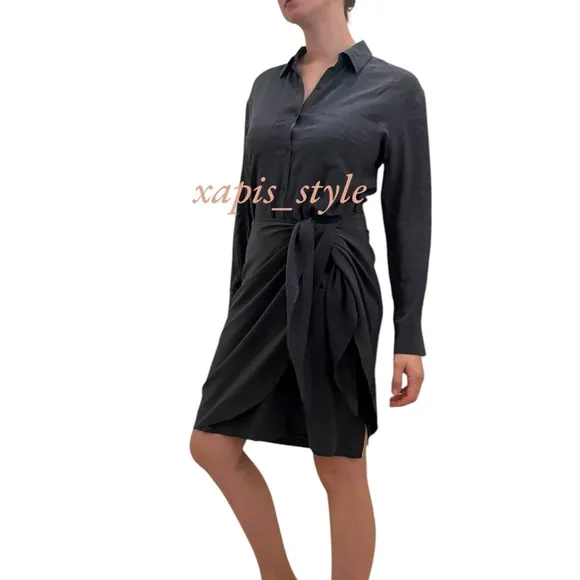 100% silk Acrobat Dusty Blue Slate Solid Minimalist Tie waist shirt dress Size M - Image 2