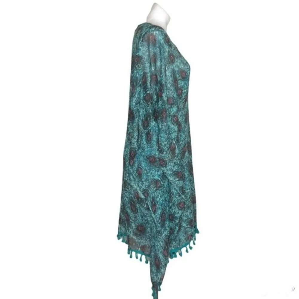 LORENA ROSE Peacock Feather Print Swim Coverup Kaftan Top V Neck Size Large - Image 3