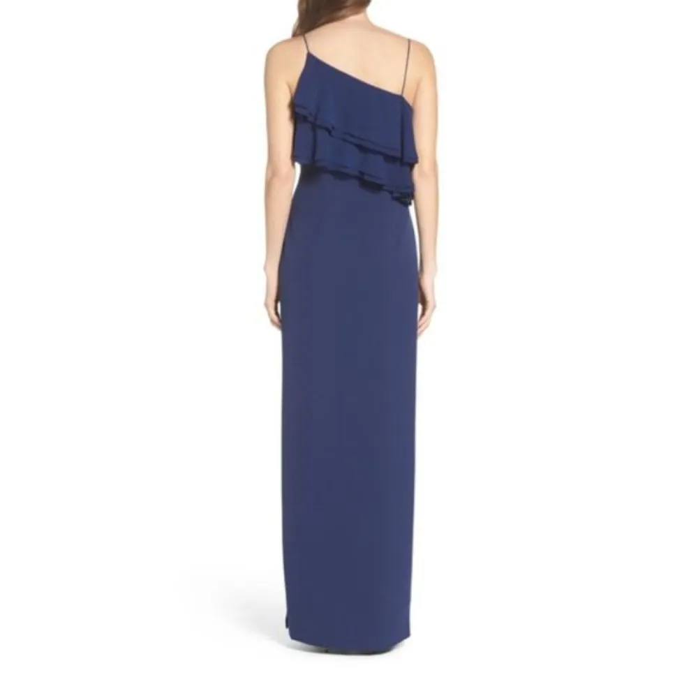 Aidan Mattox Dress 0 NWT Flounce Chiffon Crepe Maxi Slit Navy Blue Wedding Party - Image 8