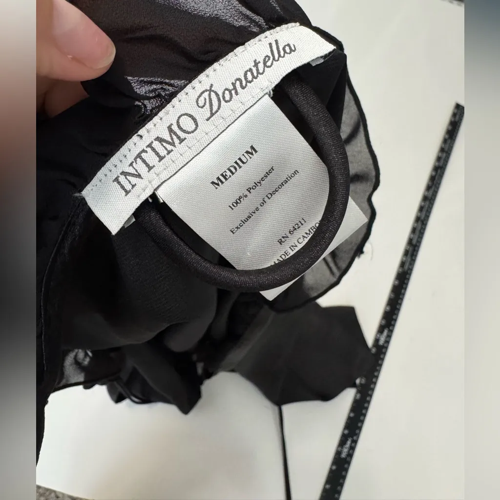 Intimo Donatella Robe Black Floral Ruffle‎ Trim Short Sleeve Lingerie Medium - Image 3