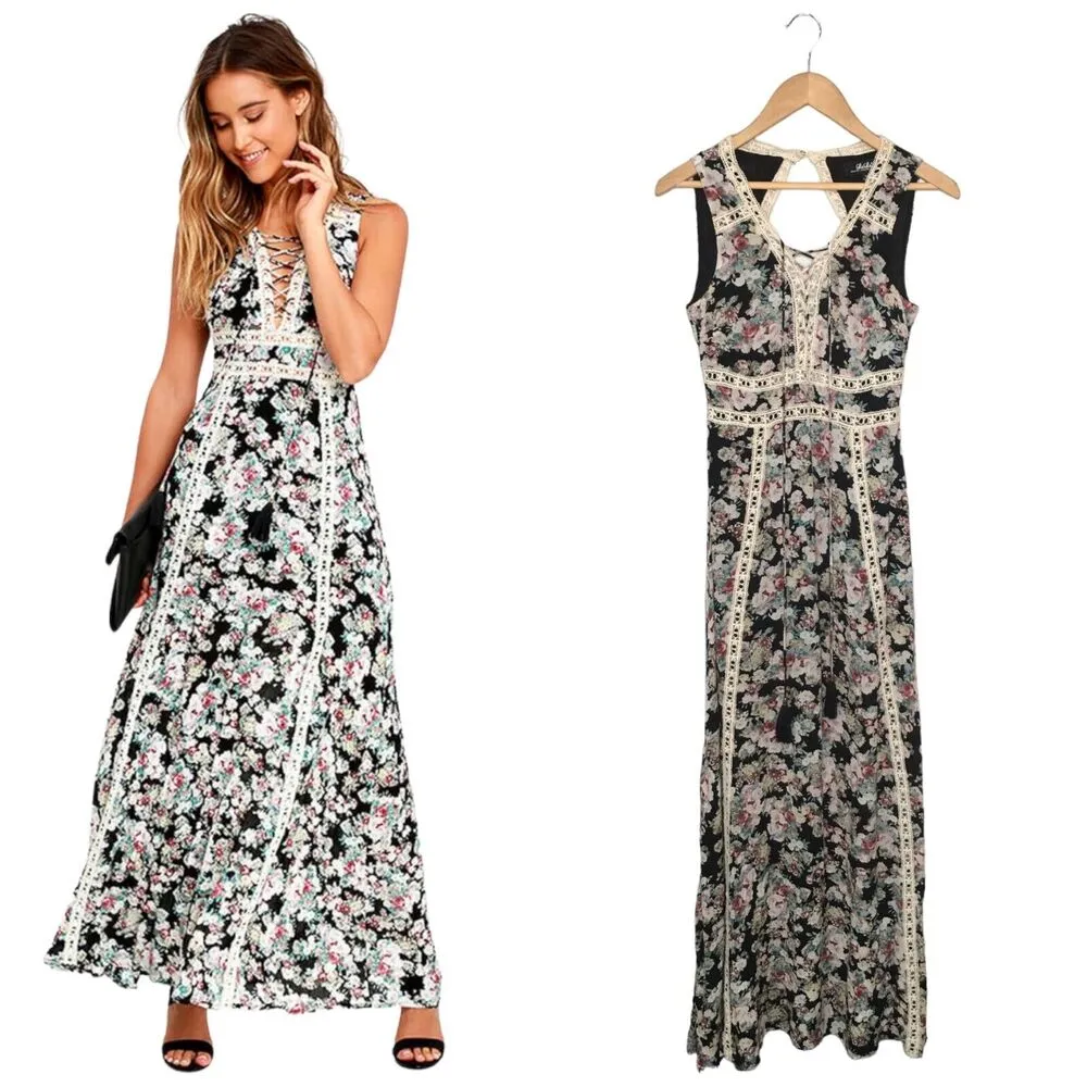 Lulus Dress Womens S Maxi Sun Will Shine Floral Print Sleeveless Lace Up Black - Image 3