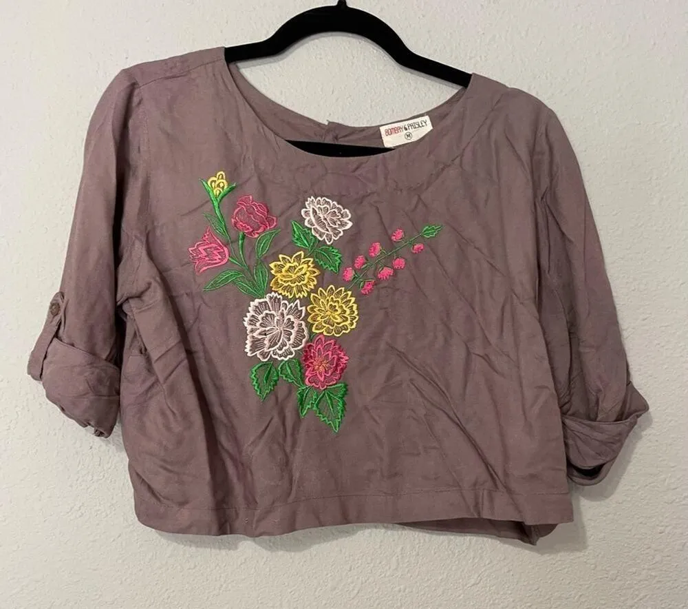 Bombay Paisley Brown Floral Embroidered Cropped Short Sleeve Blouse Women M Boho Size M - Image 6