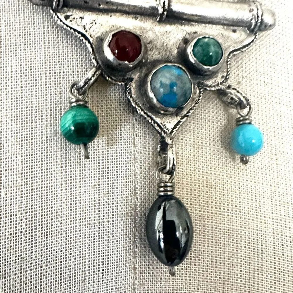 Sterling Silver Tribal Pendant Necklace with Mixed Gemstones - Image 9