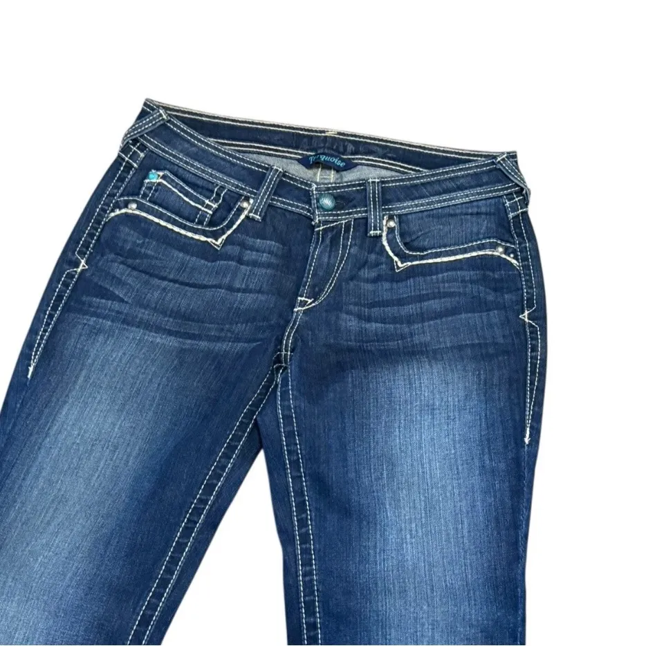 Ariat Women’s Darkwash ARIAT Jeans 29 X 33 TURQUOISE Embellished Long EUC - Image 5