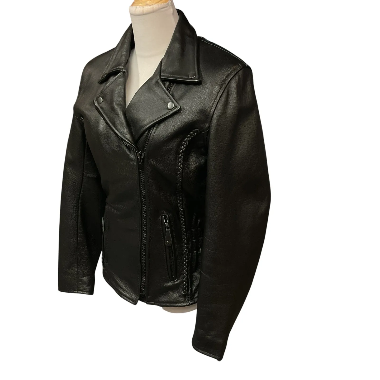 Leather King Braided Detail Sexy Fitted Black Leather Motorcycle Jacket Size S - Image 2