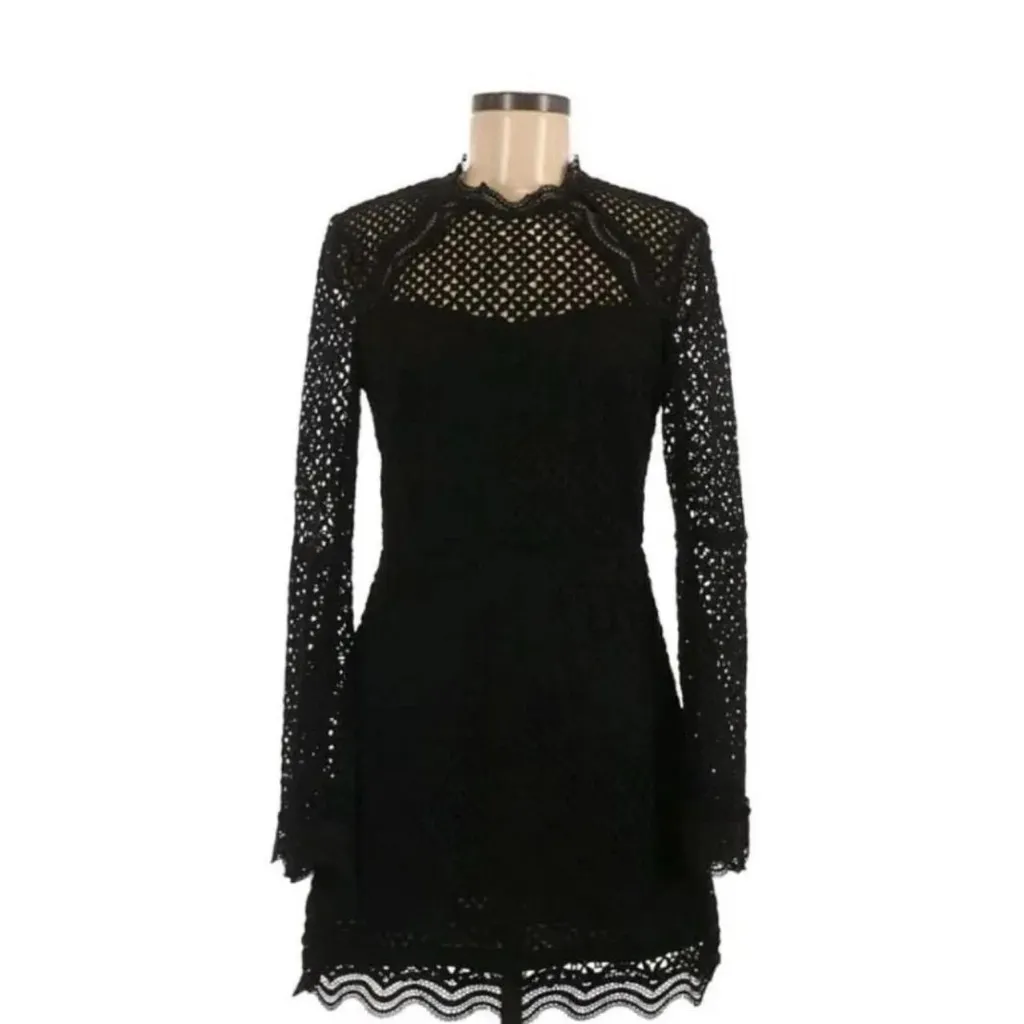 AQUA Black crochet long sleeve mini dress bell sleeves and high neckline SIZE XS - Image 5