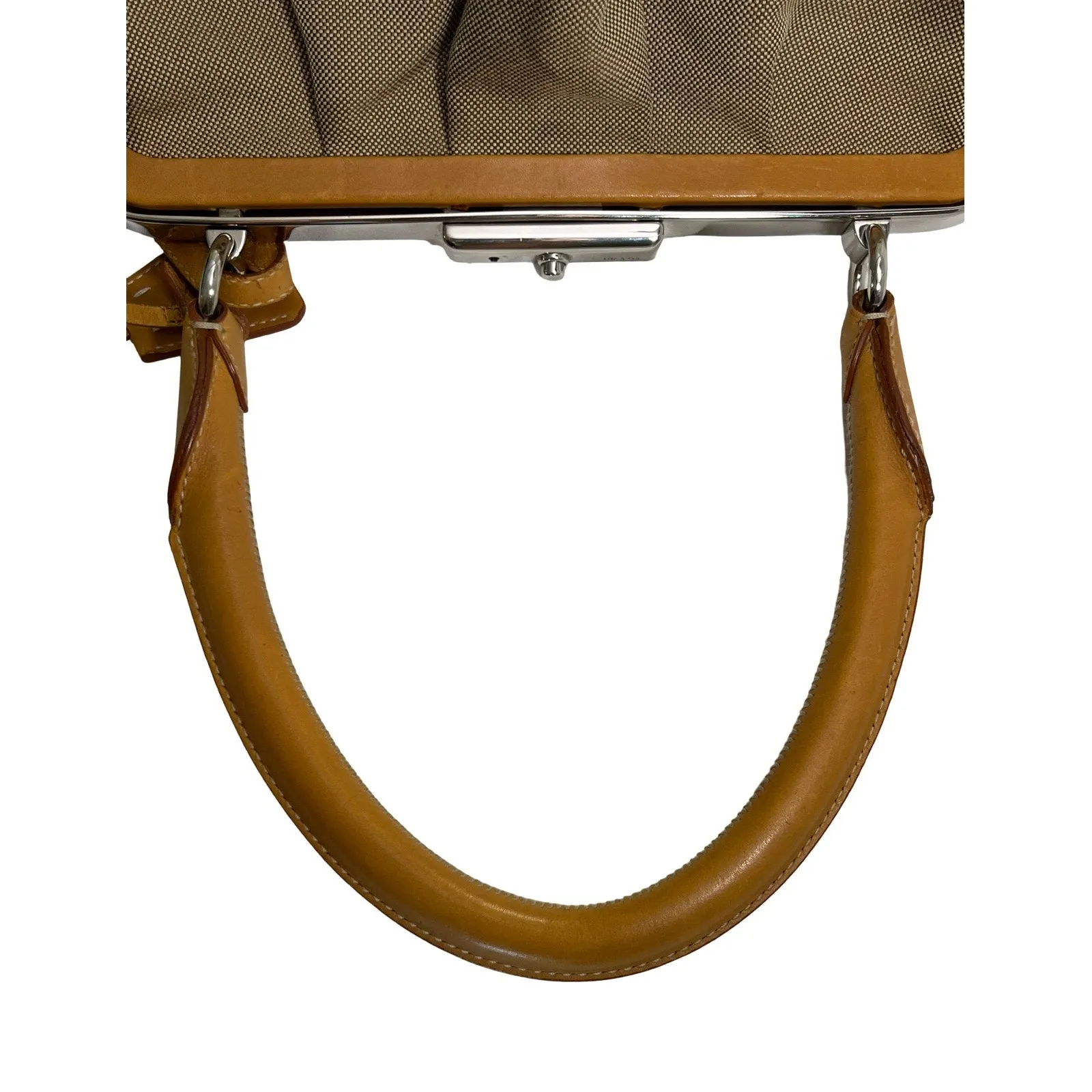 Prada Canapa Jacquard Canvas & Leather Frame Satchel Tote Bag Brown Tan Vintage - Image 5