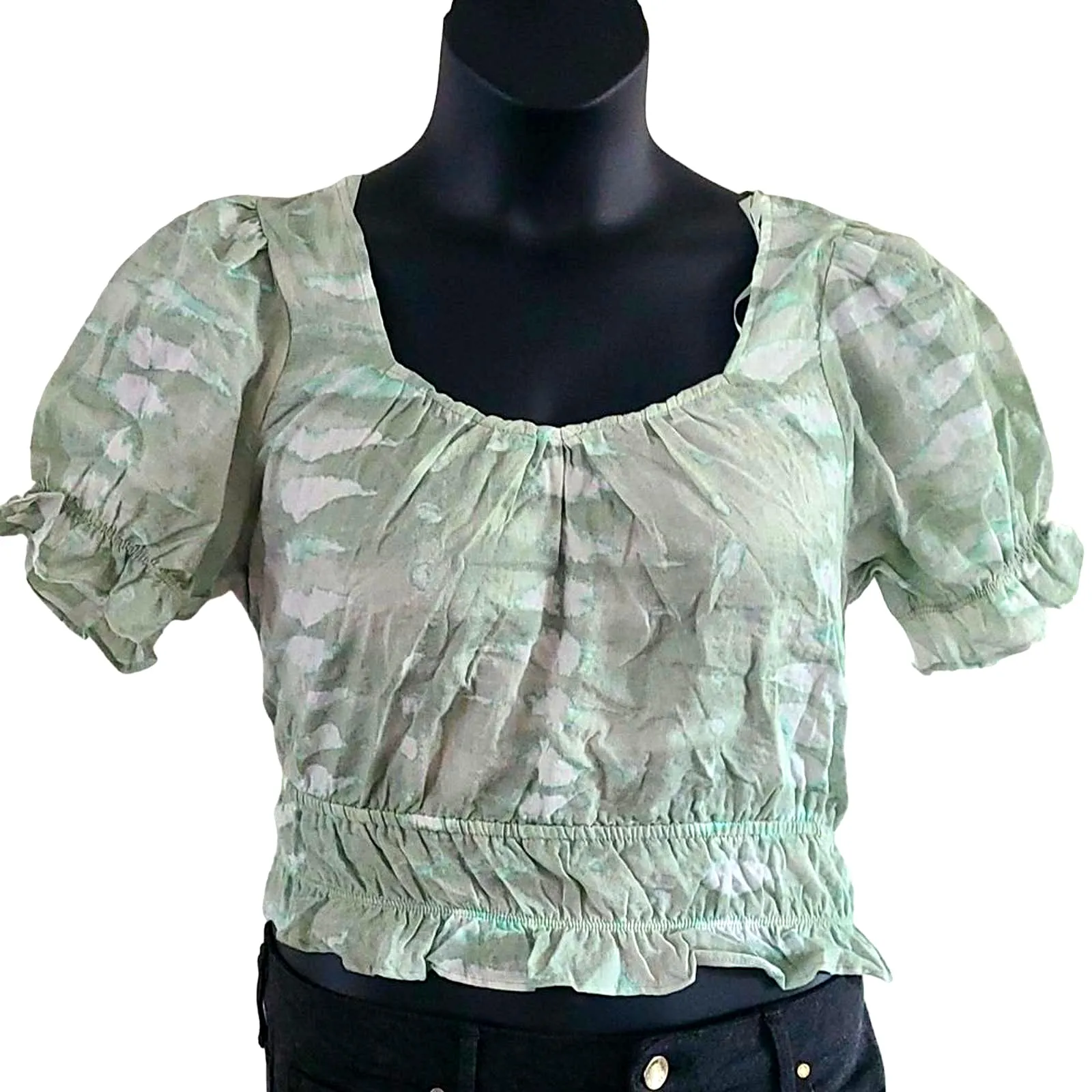 Good Luck Gem Women's Puff Sleeve Ruffle Hem Crop Size Medium - Light Green - Image 2