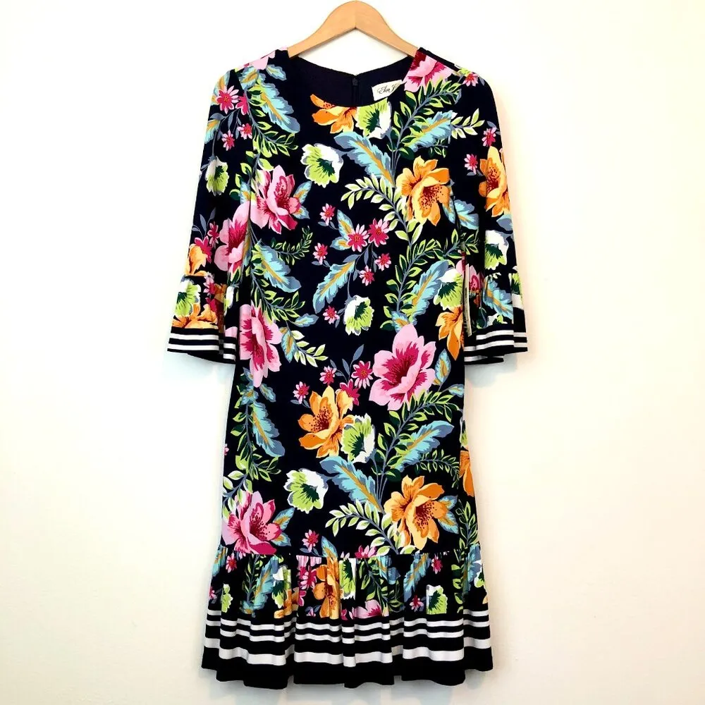 NEW NWT ELIZA J Navy Blue Pink Orange Floral Jersey Stretch Ruffle Shift Dress 8 - Image 2