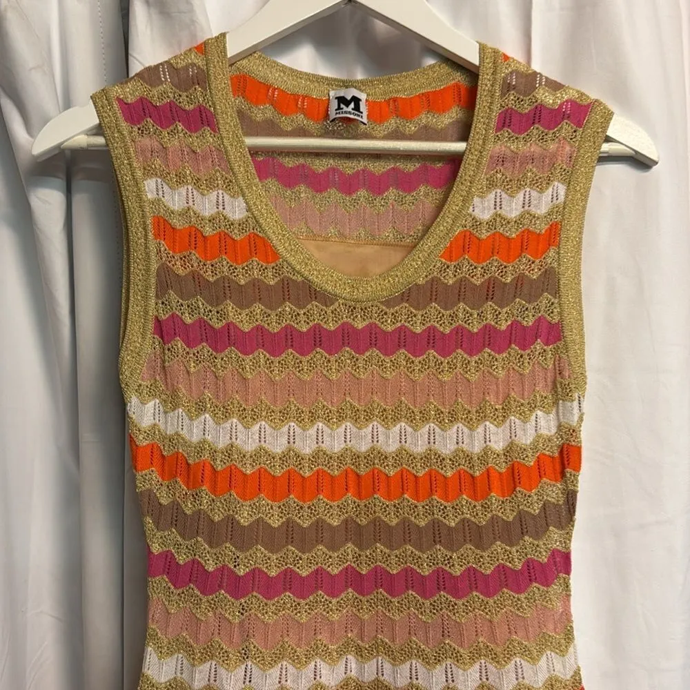 MISSONI PINK/ORANGE/ GOLD/TAN METALLIC SLEEVELESS ZIG ZAG KNIT DRESS C46 - Image 4