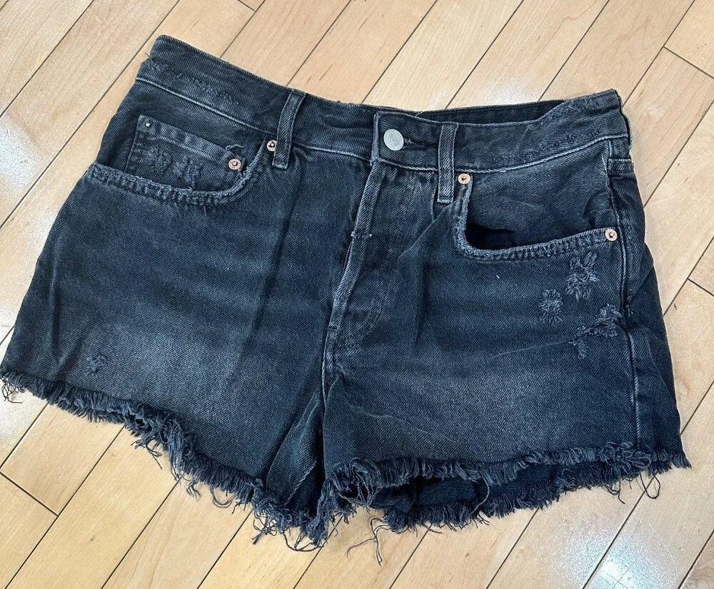FREE PEOPLE WE THE FREE Distressed Cut Off Black Denim Jean Shorts - 27 - Image 2