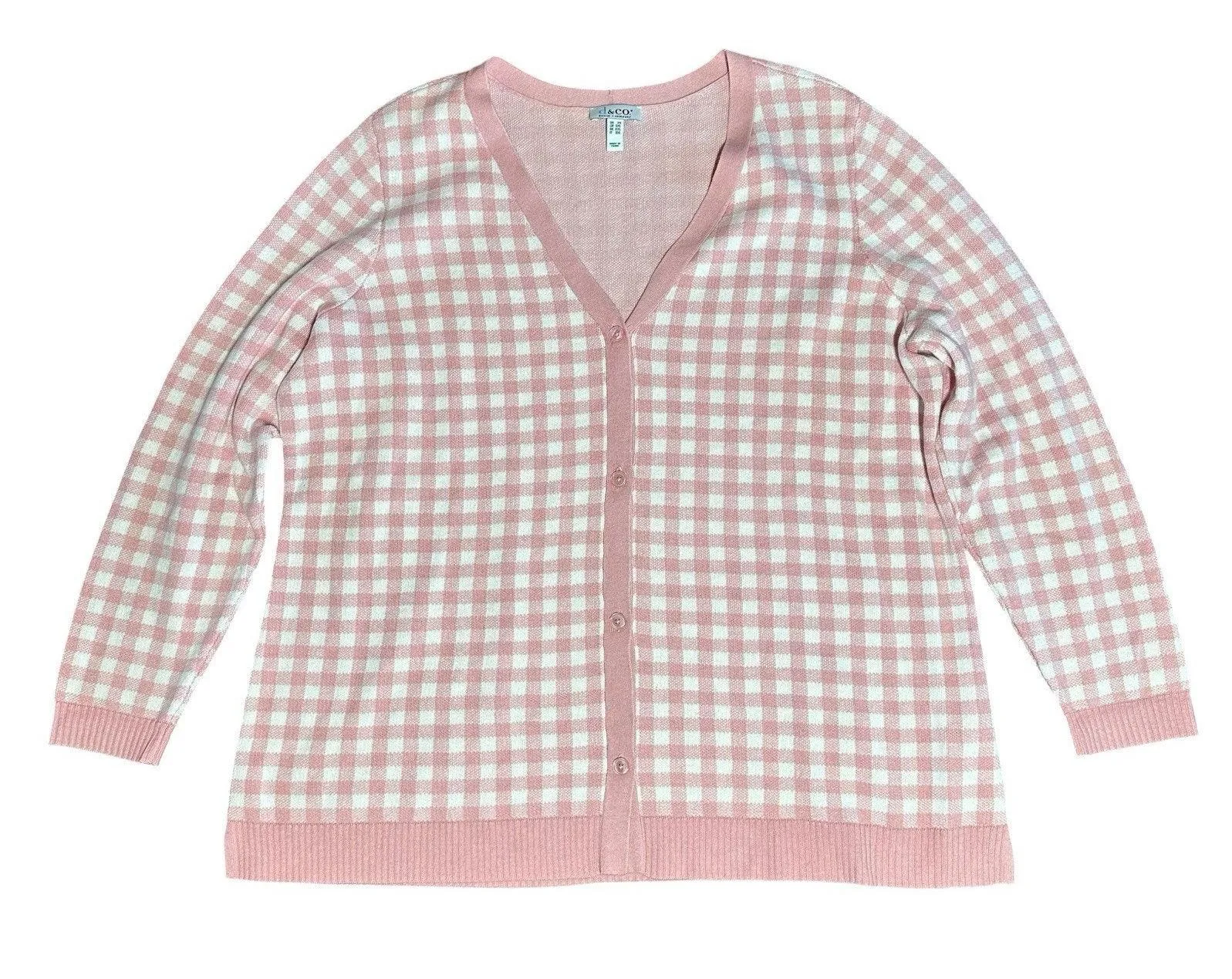 Denim & Co Pink White Jacquard Gingham Check V Neck Cardigan Sweater Womens 2X - Image 1