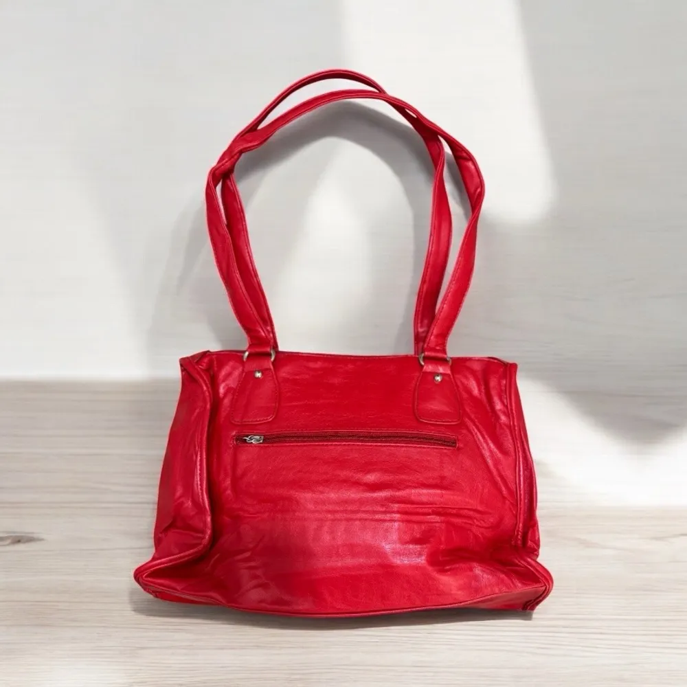 Bold Red Structured Shoulder Bag with Silver Hardware - Image 2