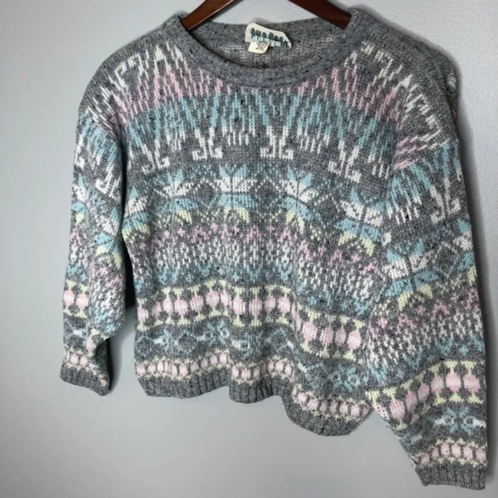 Vintage fair isle gray scoop neck nordic thick neutrals pullover lodge medium - Image 3