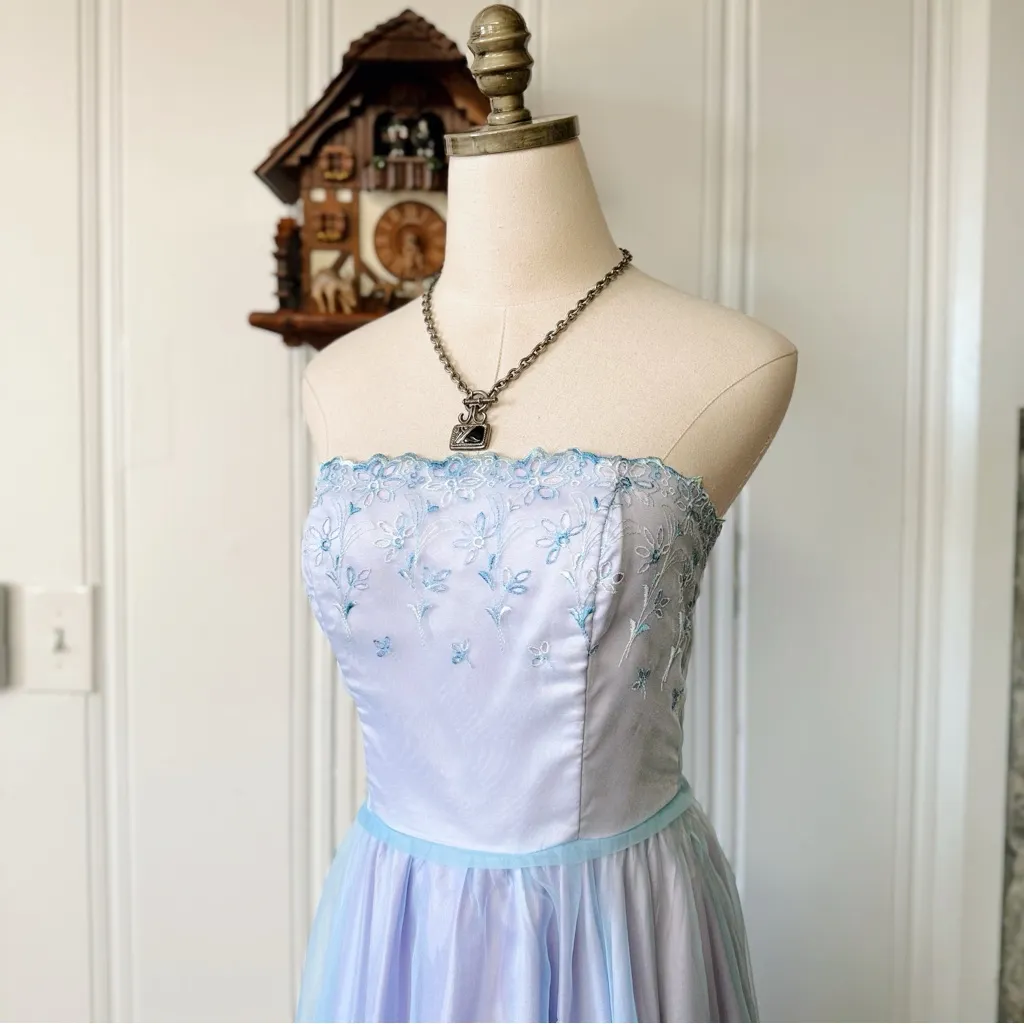 Vintage 90s Iridescent Pastel Strapless Gown Blue - Image 3