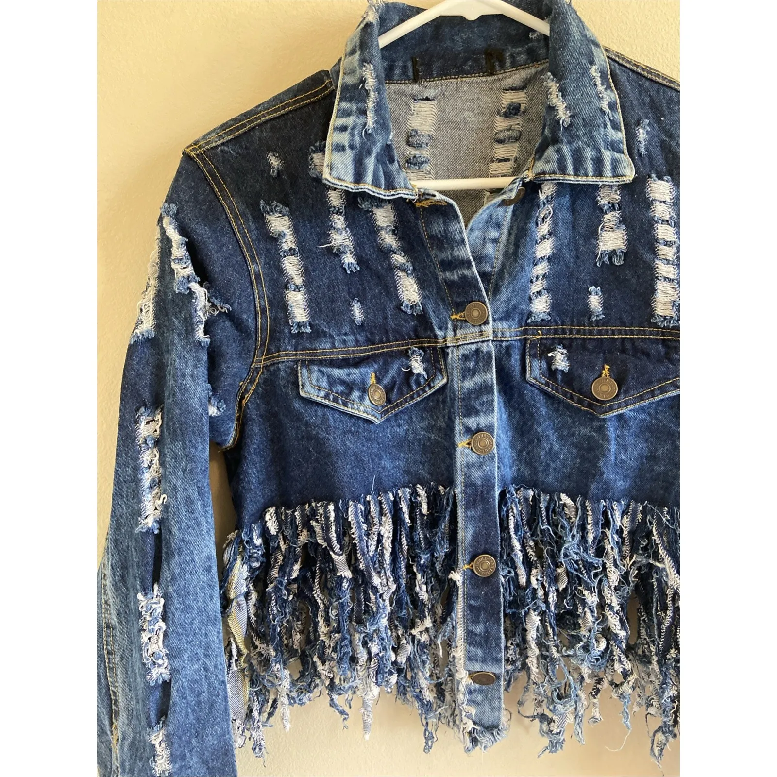Thrill Jeans Distressed Trashed Destroyed Fringe Denim Jean Jacket No Tags READ‎ Blue - Image 2