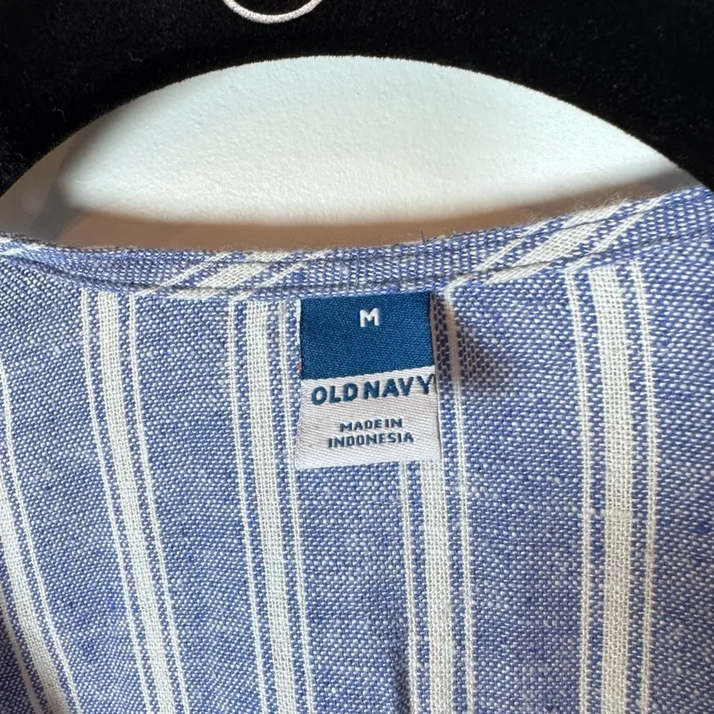 NEW Old Navy Blue Striped Linen Effortless Denim Puff Sleeve Coastal Wrap Stripe - Image 2