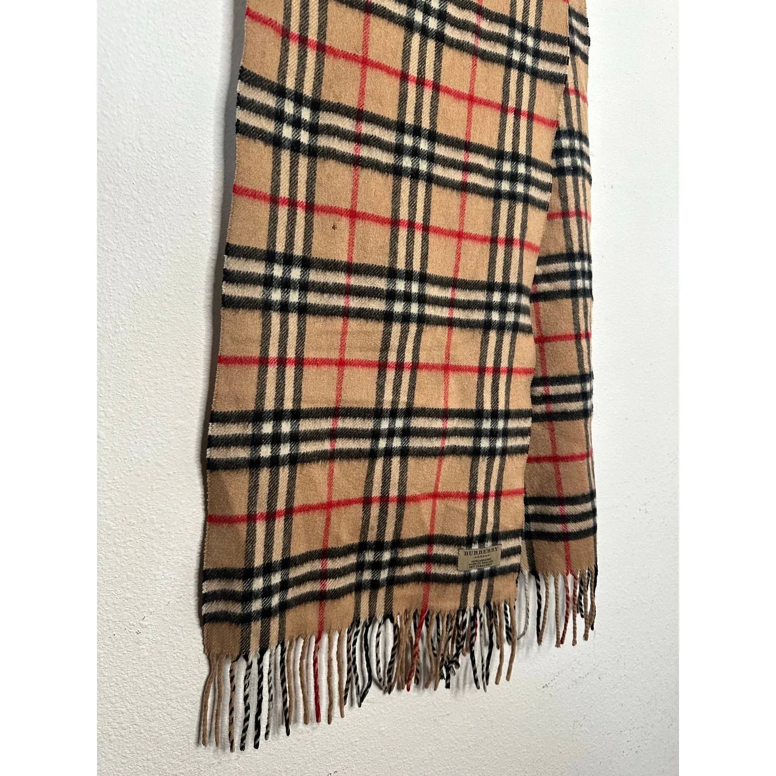 Burberry Scarf Nova Check Beige Tan Cashmere Plaid Fringe Unisex Vintage Scarf - Image 4