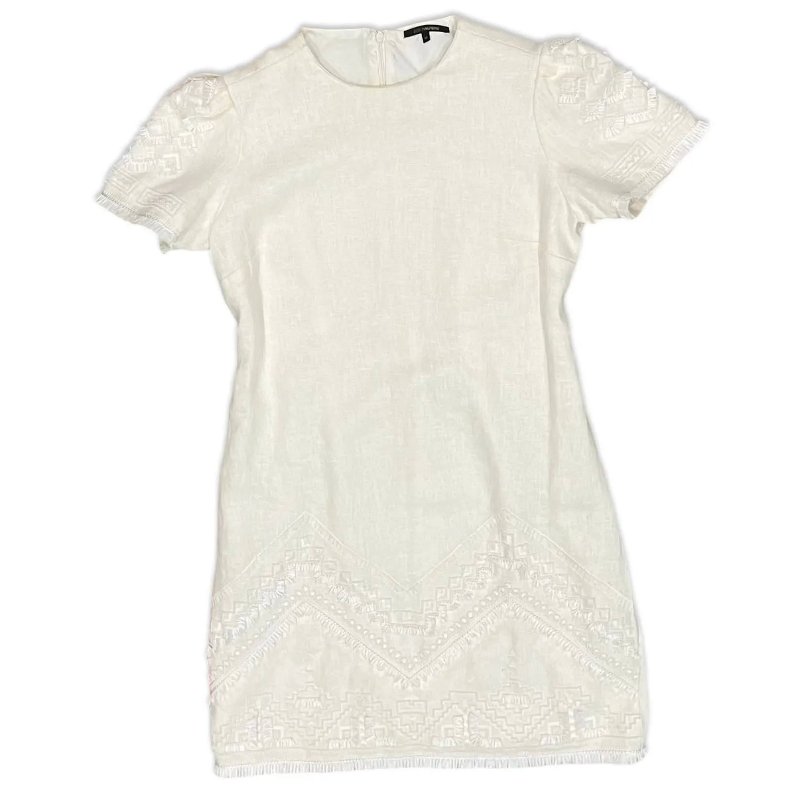 Kobi Halperin Ivory Beaded Tassel Mini Shift Linen Short Sleeve Dress size M White - Image 12