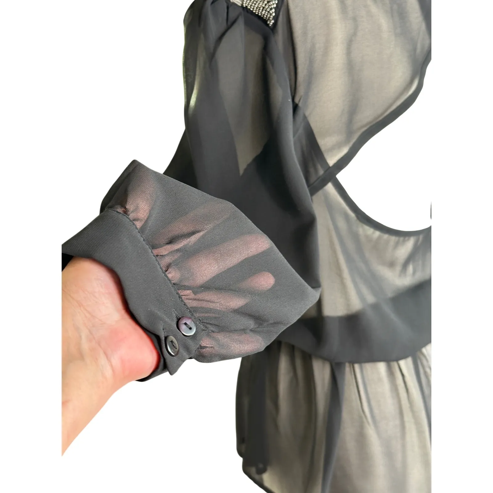 Fun & Flirt Black Sheer Mesh beaded Shoulder Cutout Back Peplum Top Sparkly NYE - Image 5