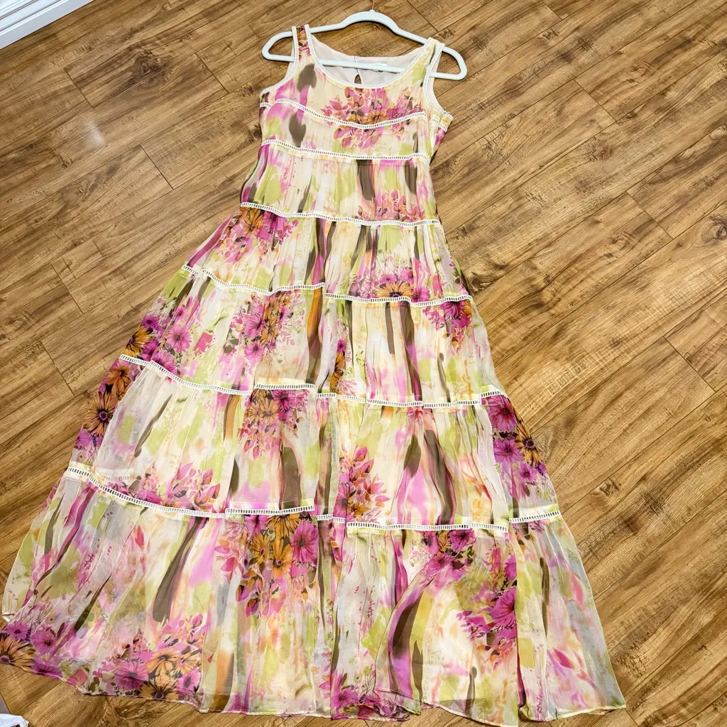 Sundance Floral Silk Tiered Lace Trim Detailing Maxi Dress Size 4 - Image 3