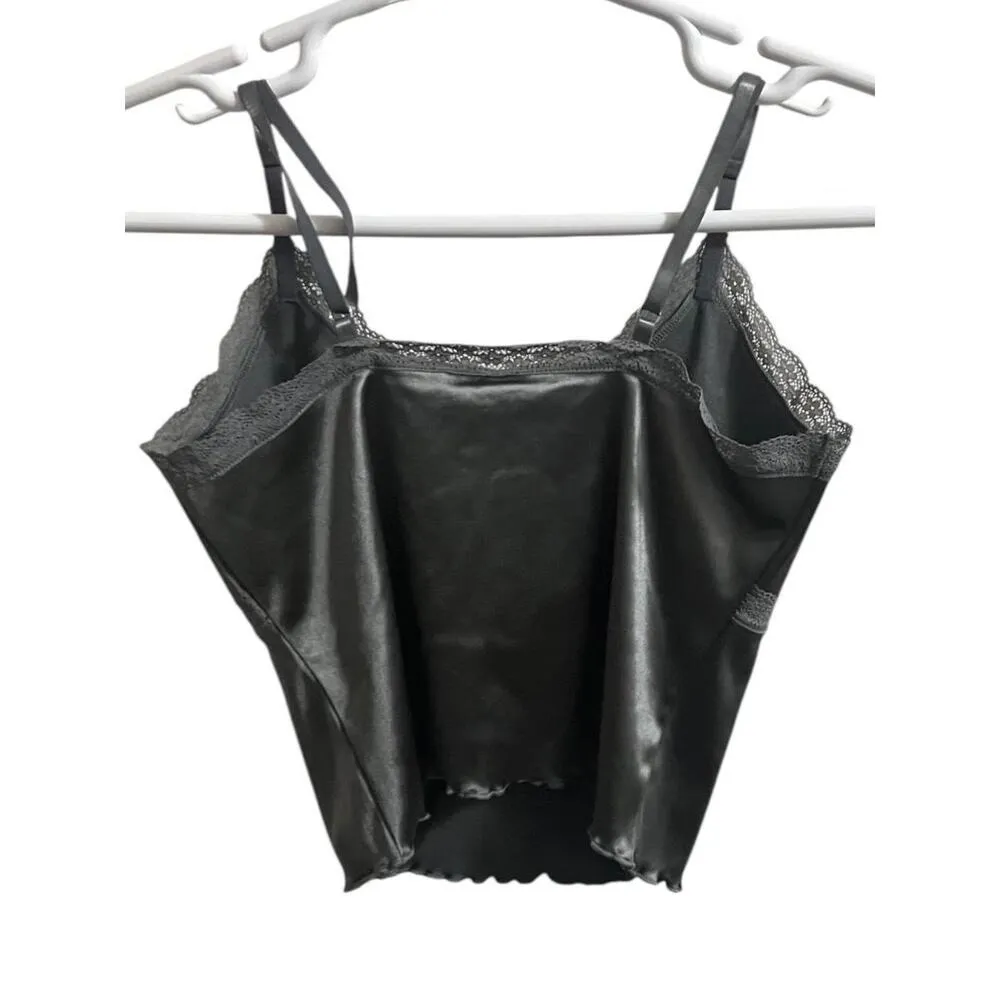 H & M LACE-TRIMMED CAMISOLE TOP Womens Size Medium Cami Y2k Dark Grey - Image 3