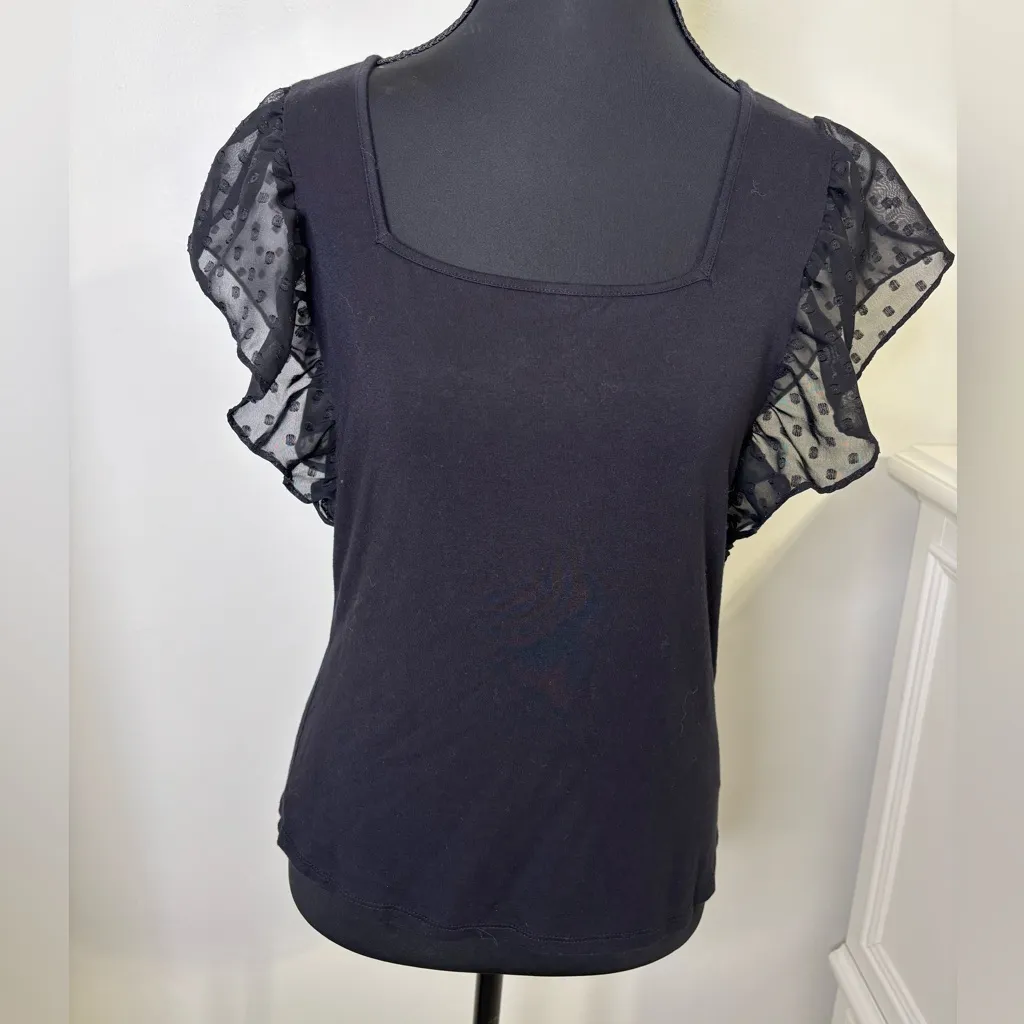 Laundry By Shelli Segal Black Sheer Ruffle sleeve Blouse Size Medium - Image 2