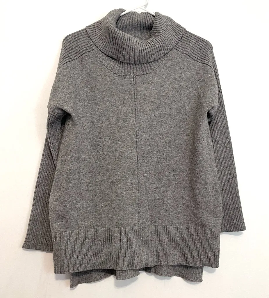 CABLE & GAUGE Cowl Neck Sweater Gray Flecked Speckled Hi-Lo Hem Tunic Sweater L - Image 1