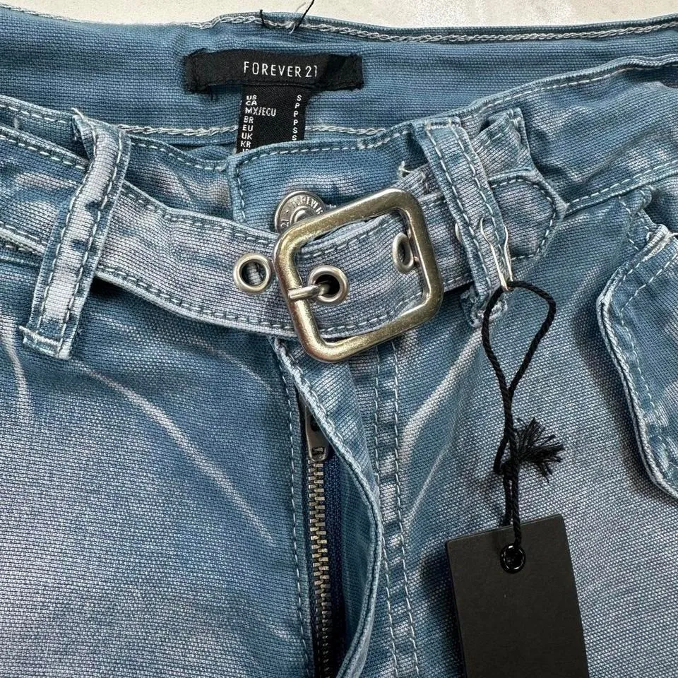 NWT Forever 21 Jeans Womens S Blue High Rise Acid Wash Belted Wide Leg Pockets - Image 3