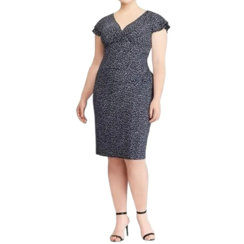 Lauren Ralph Lauren Brisa Falling Water Flutter Sleeve Faux Wrap‎ Dress Navy 14 - Image 2