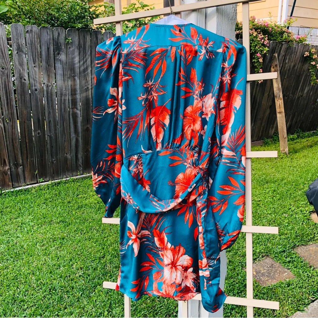 Sweet Lemon TEAL FLORAL SATIN WRAP SHORT DRESS Small Green - Image 11