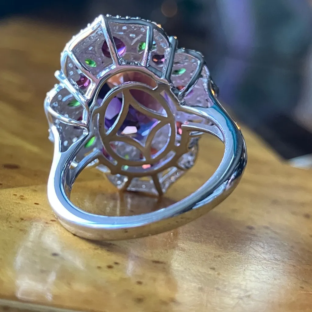 Moroccan Amethyst Chrome Diopside Sterling Silver Cocktail Ring Size 6 Purple - Image 5