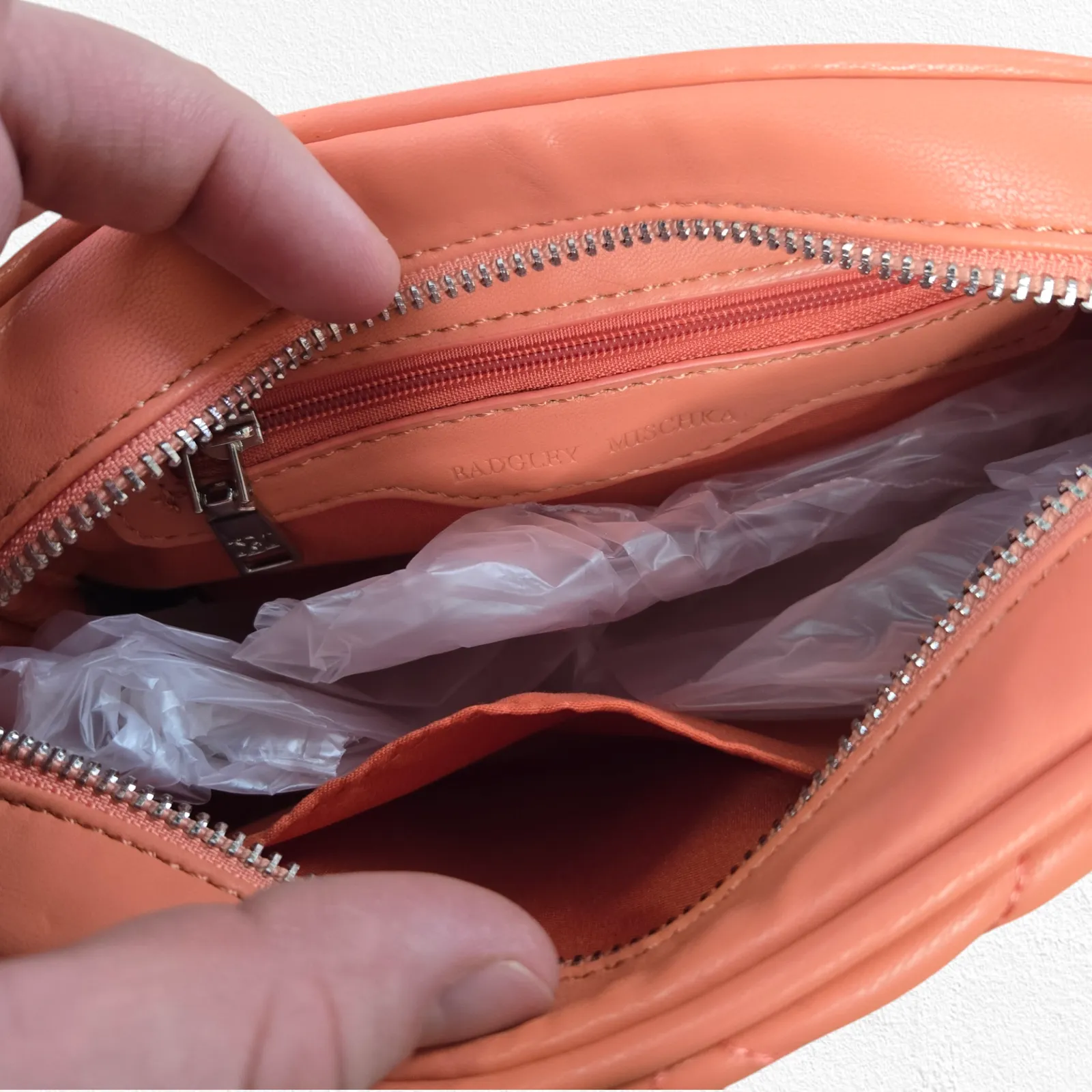 Badgley Mischka Coral Pink Quilted Diamond Pearl Crossbody Camera Bag Purse - Image 9