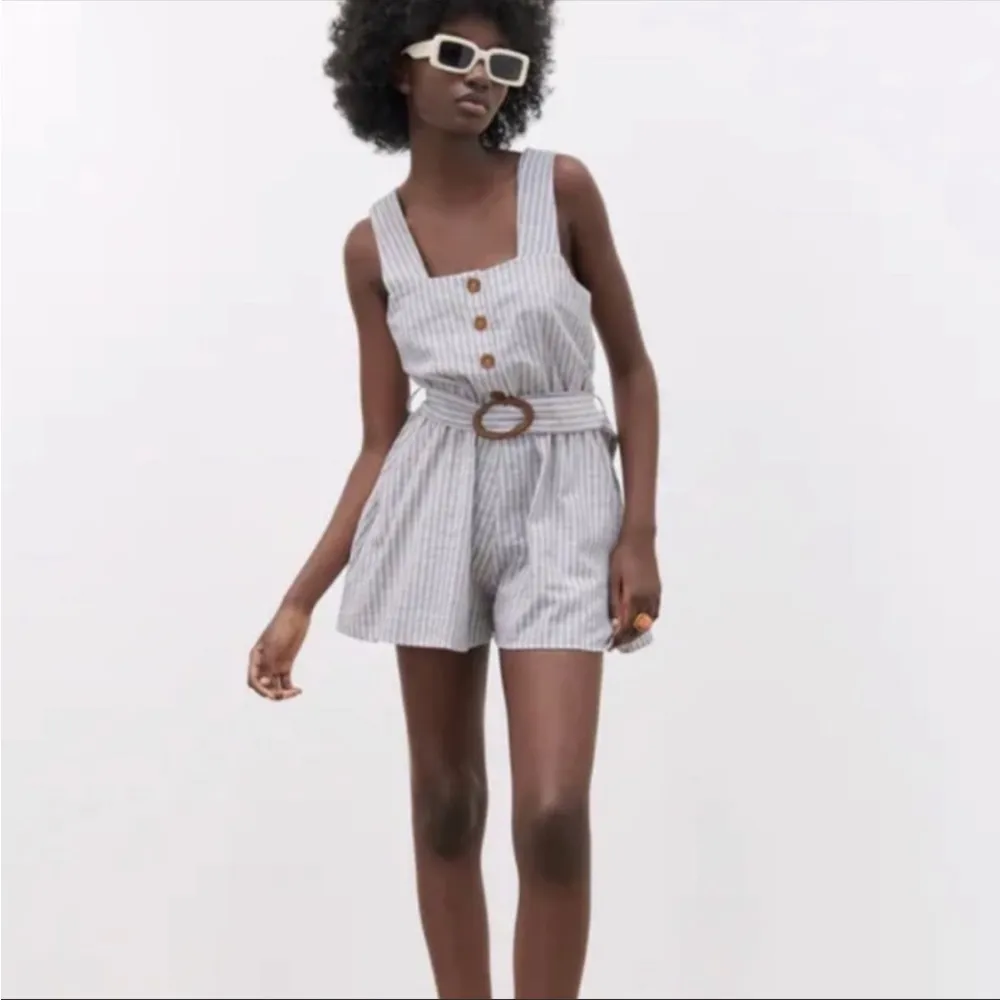 Zara linen blend white & blue striped belted romper jumpsuit NEW - Image 2