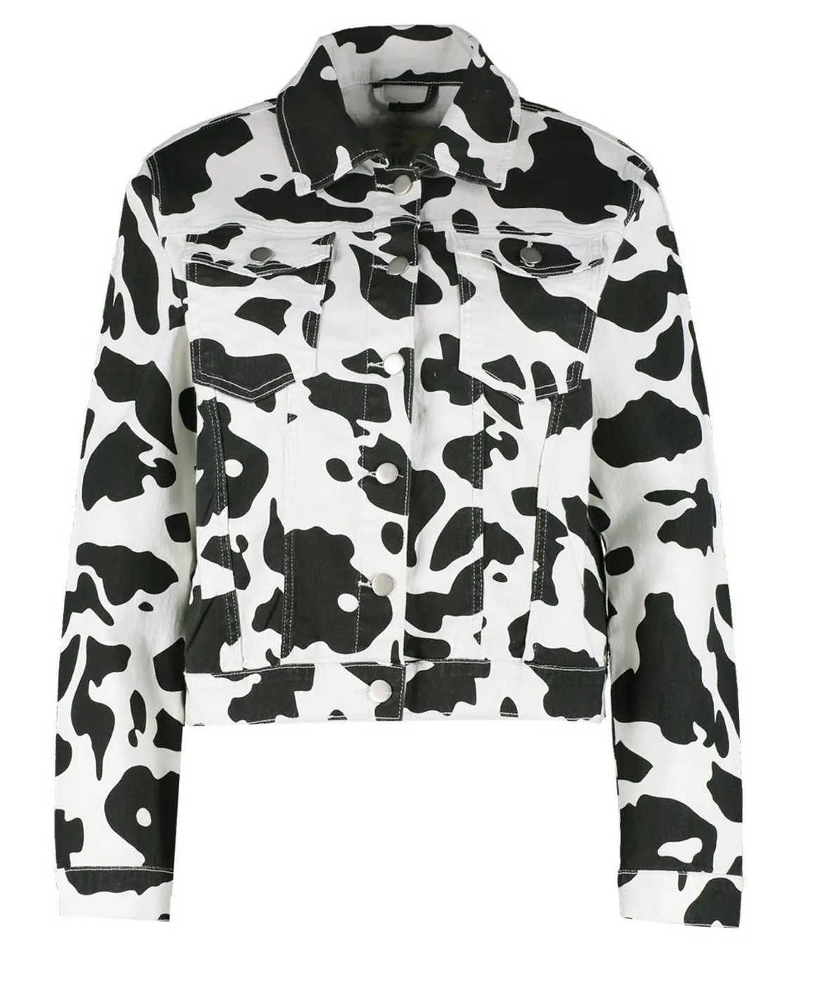 Boohoo Cow Print Cropped Denim Jacket - Image 5