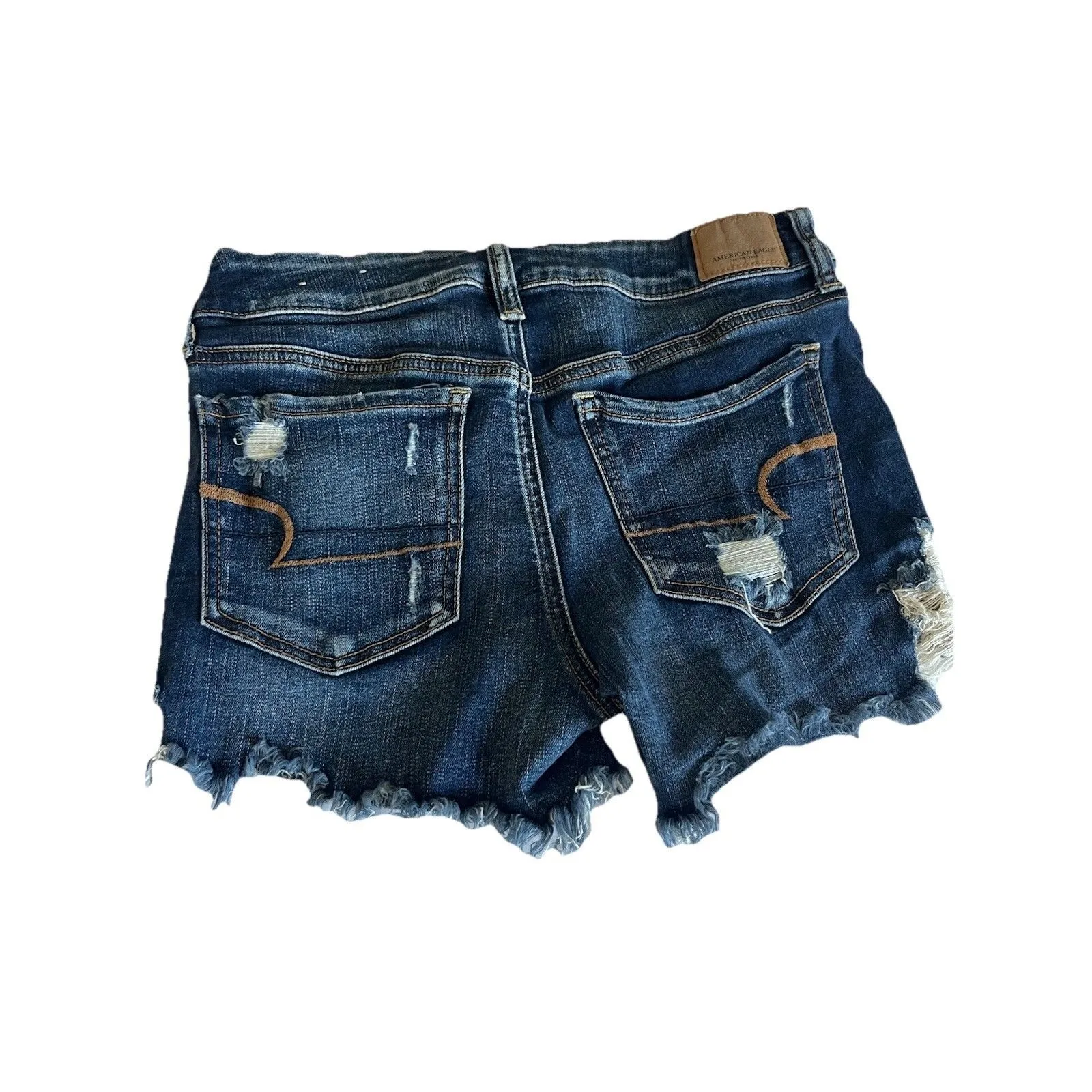 American Eagle Midi Jean Short Sz 8 Dark Wash Blue Distressed Super Stretch - Image 2