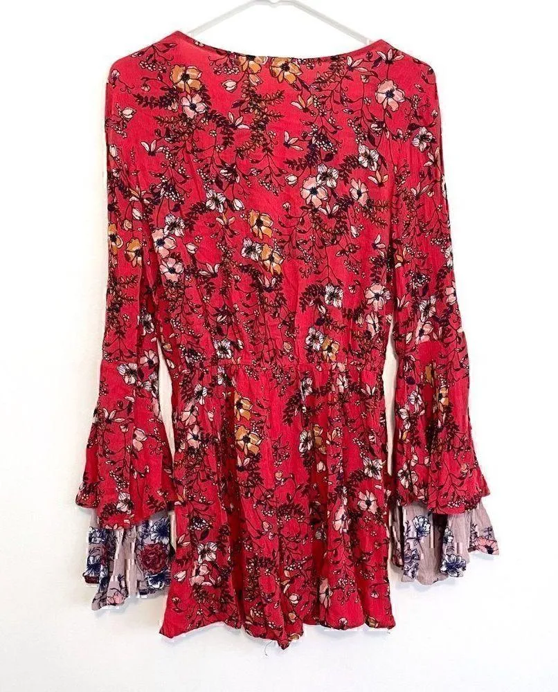 XHILARATION Coral Red Multi Floral Long Bell Flare Sleeve Wrap Surplice Romper S - Image 11