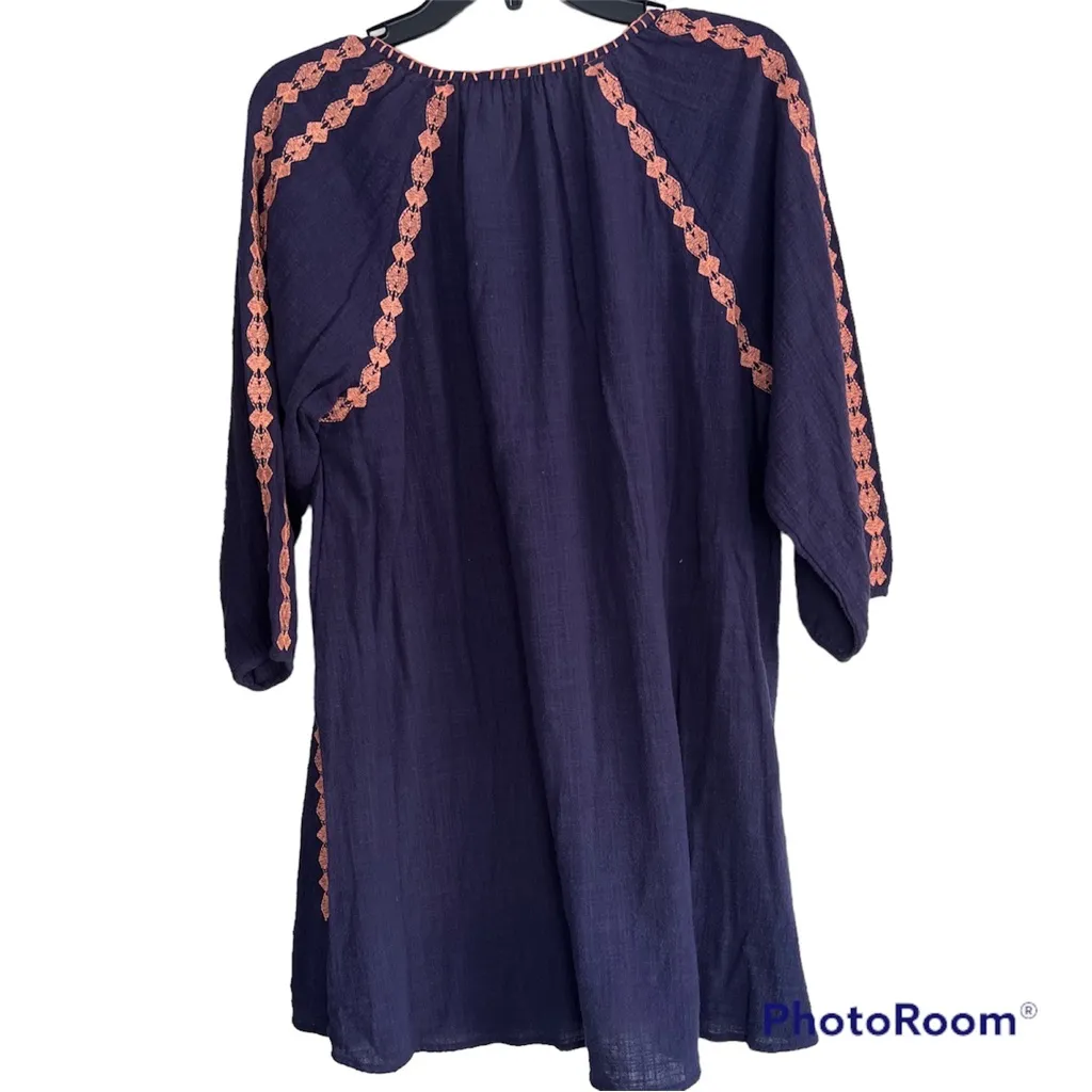 THML Embroidered boho dress Navy Blue Peach trim Size Med. cottagecore hippie EC - Image 3