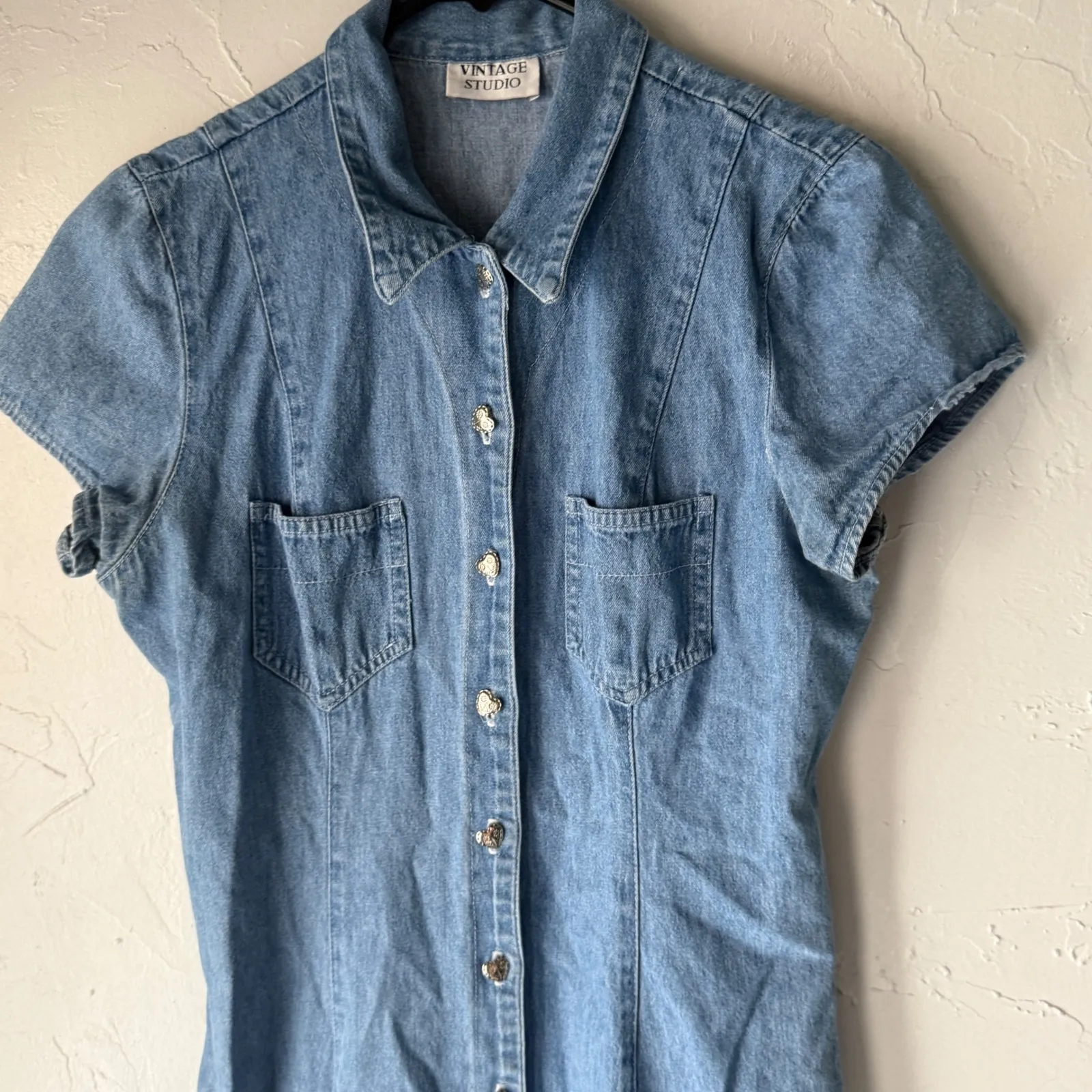 Vintage Western Denim Button Front Midi Dress Short Sleeve Cottage Boho Blue Size M - Image 3