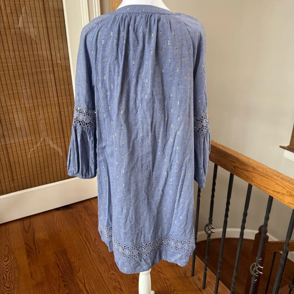 Blue chambray Embroidered crochet metallic gold dress - Image 4
