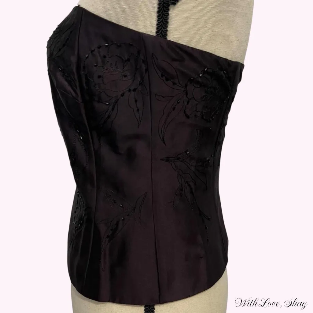 90s vintage Ann Taylor dark purple floral beaded bustier top - Image 2