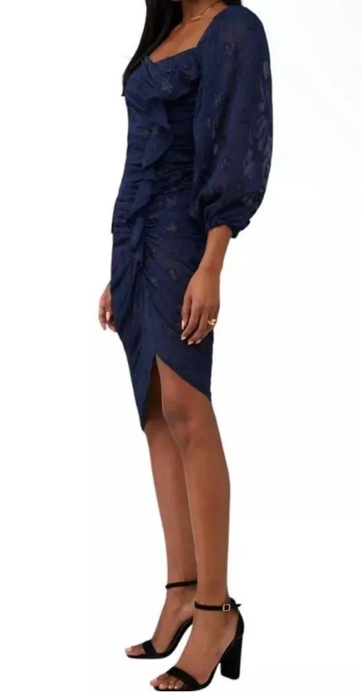 New! ASTR The Label Athens Ruched Ruffle Front
Puff Sleeve Midi Dress Navy Small - Image 6